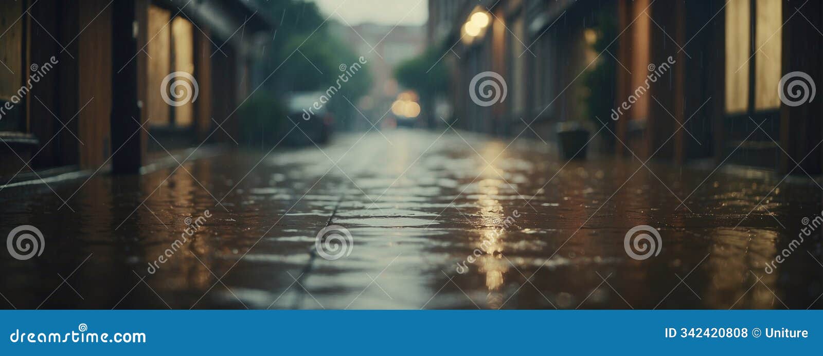 rain-drenched alleyway at dusk reflecting street lights