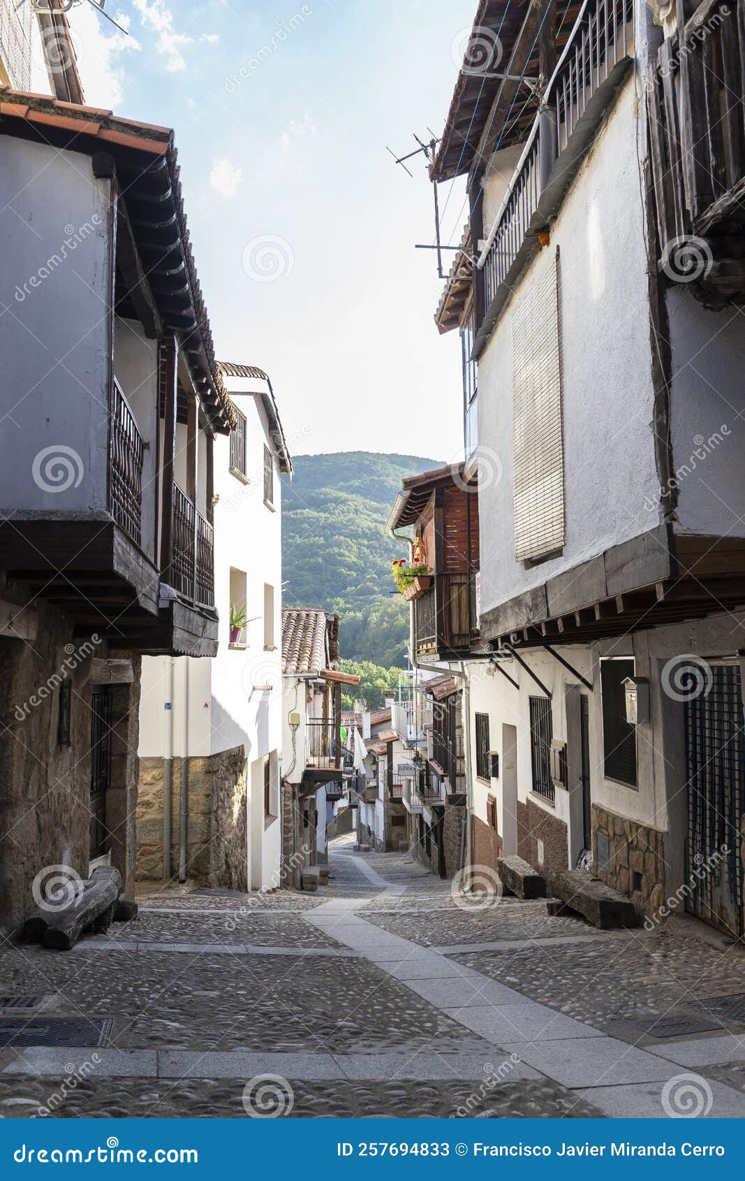 narrow and cobbled street of town montemayor del rio, salamanca, spain. rual life concept