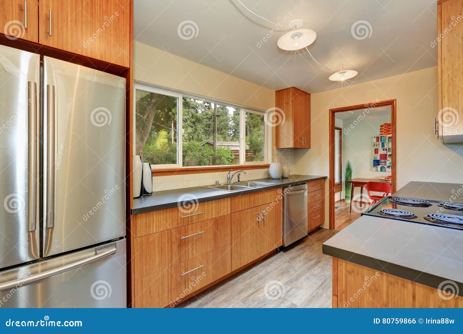 Narrow Kitchen Room With Long Grey Counters Stock Photo Image Of