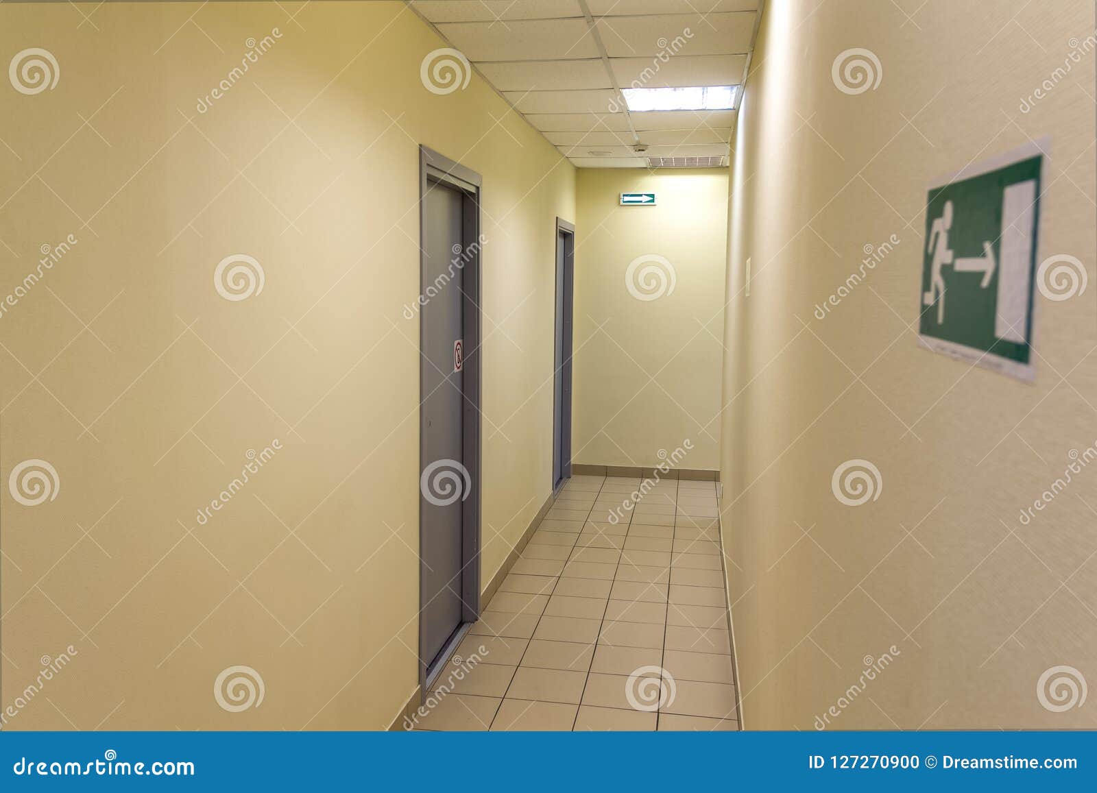 A Narrow Light Corridor in the Office Room with Several Gray Doors and
