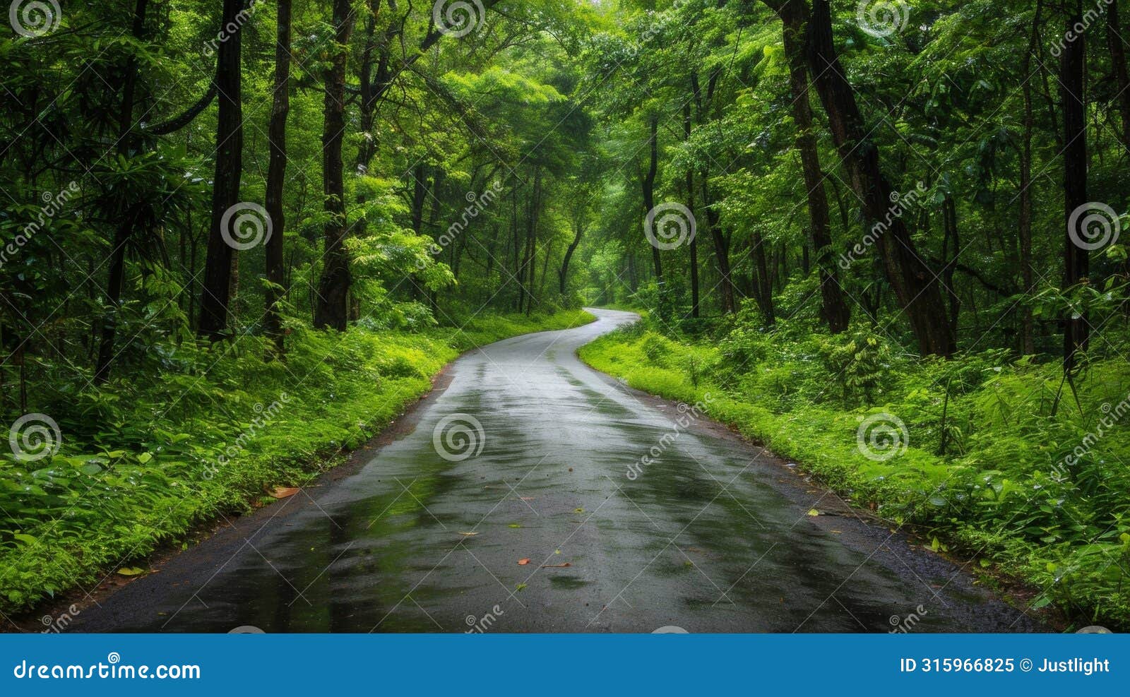 a narrow road meandering through a lush glossy forest its surface glistening from the recent rainfall. . ai generation