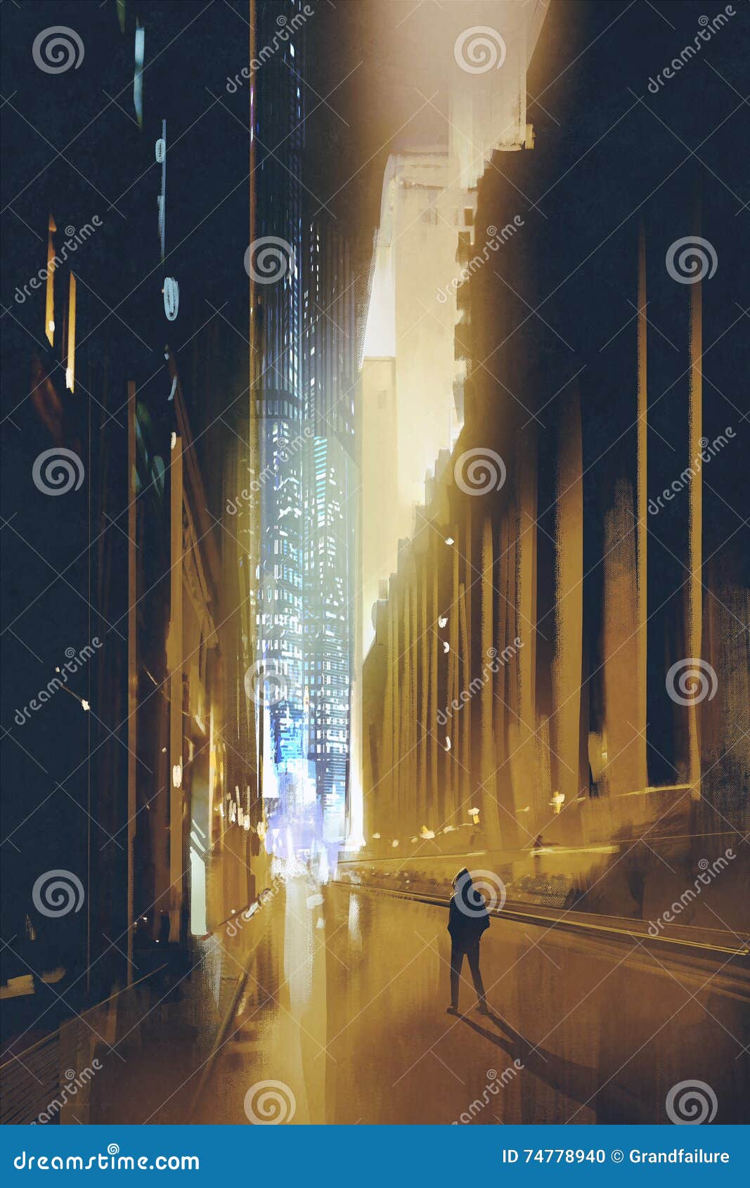 narrow street at night and silhouette of man walks alone