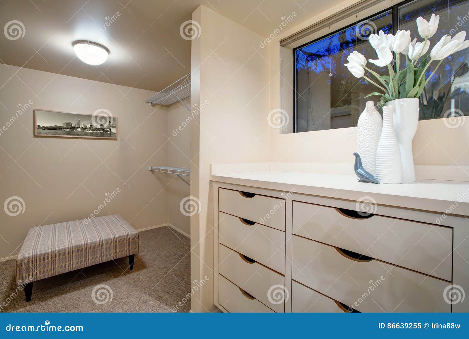 Narrow Walk In Closet Features Built In Drawers Stock Image