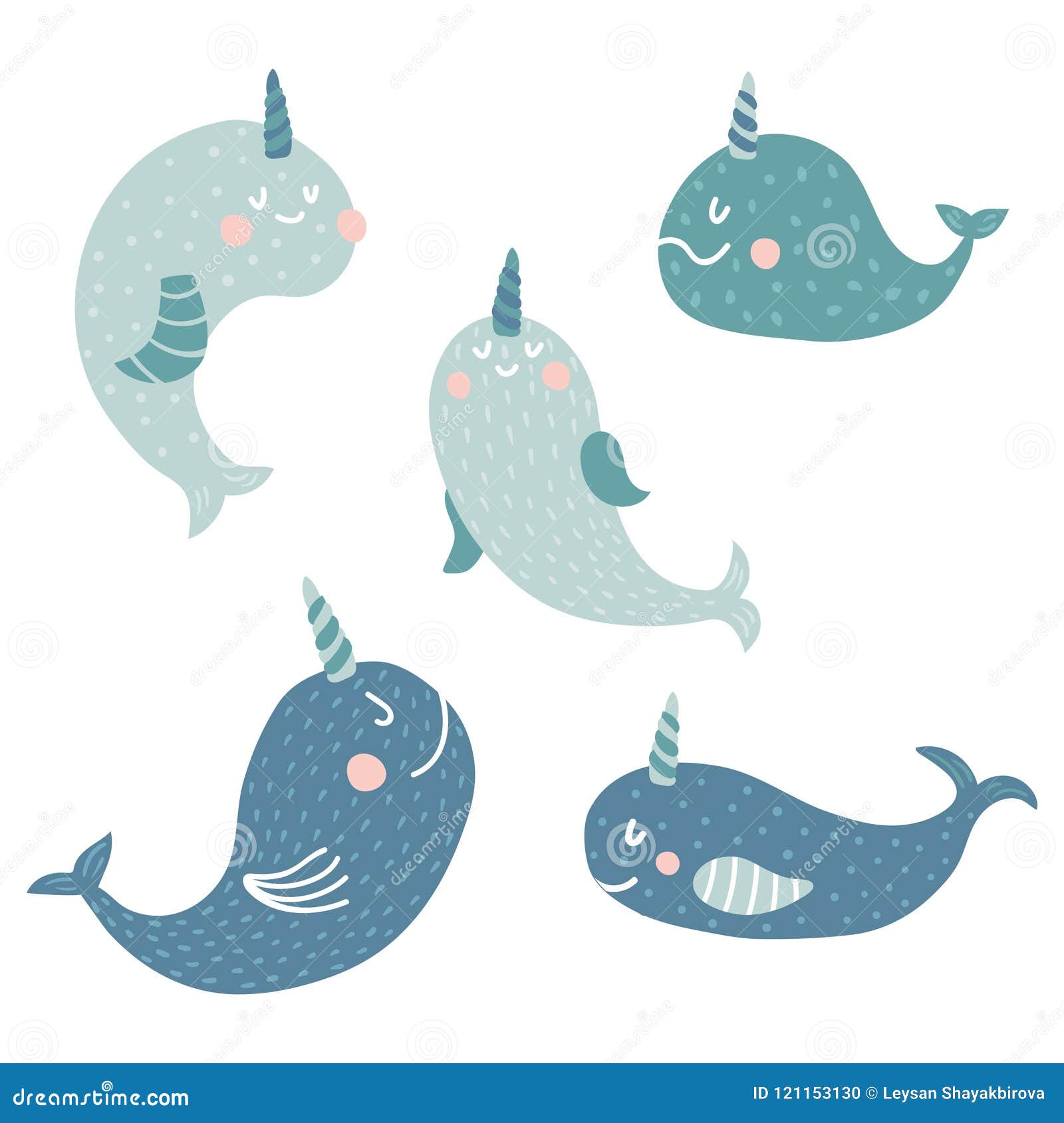 Narwhals Set Stock Vector Illustration Of Blue Narwhal