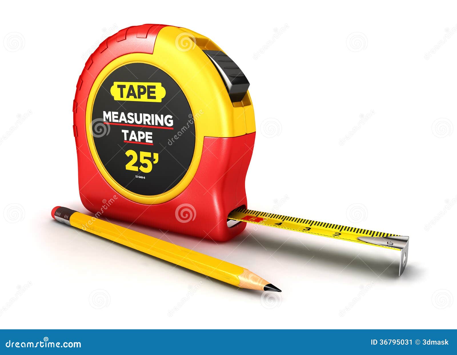 Nastro di misurazione 3d e una matita, fondo bianco, immagine 3d