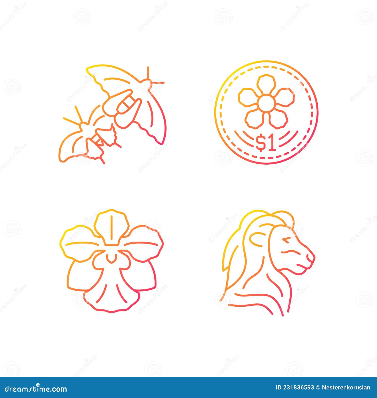 National Animal and Flower of Singapore Gradient Linear Vector Icons Set  Stock Vector - Illustration of thin, animal: 231836593