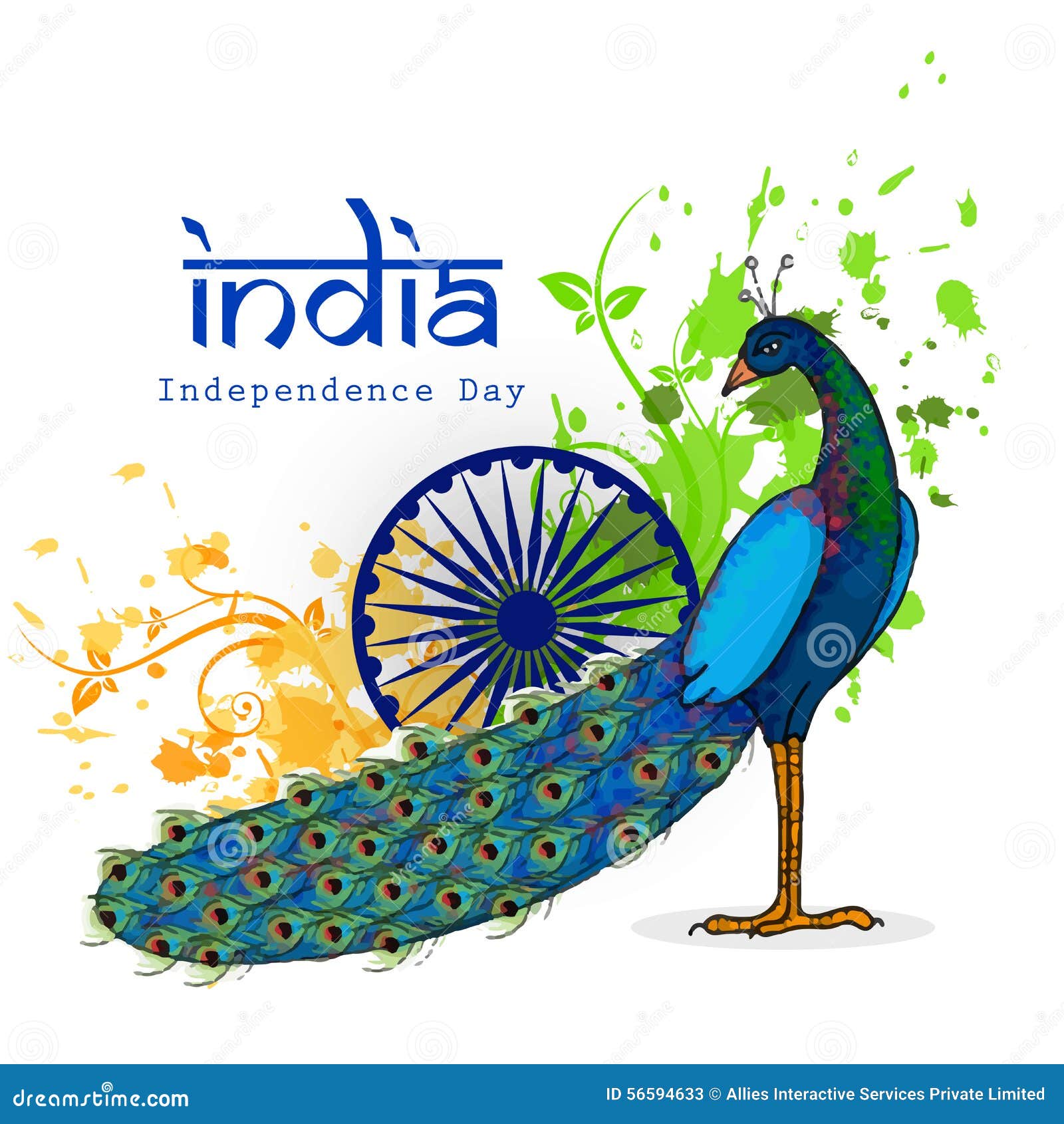 national bird peacock indian independence day ashoka wheel saffron green colors floral pattern background 56594633