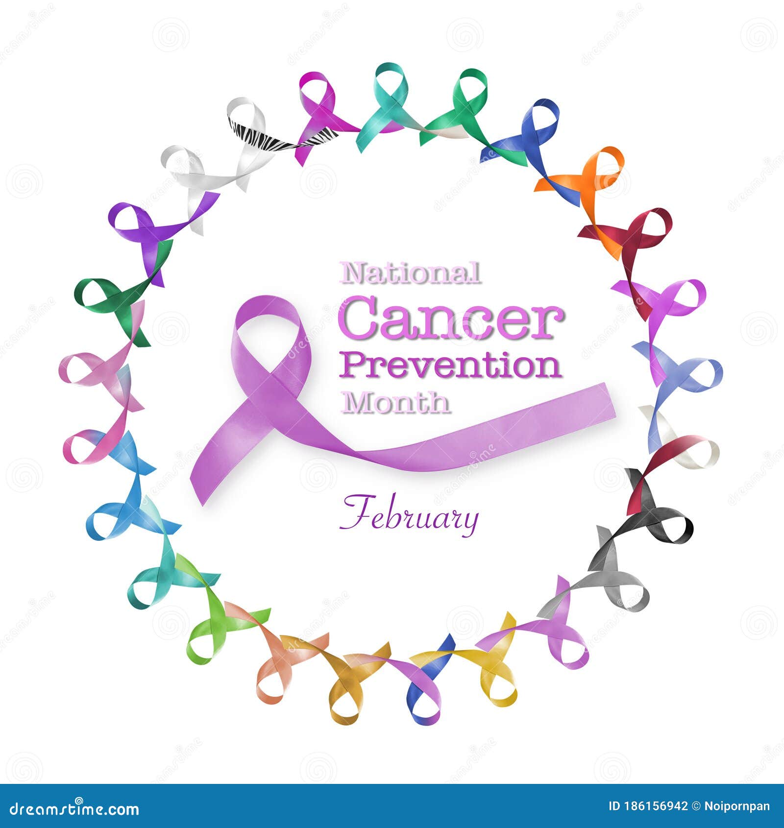 national cancer prevention month, february, with multi-color and lavender purple ribbons for raising awareness of all kind tumors