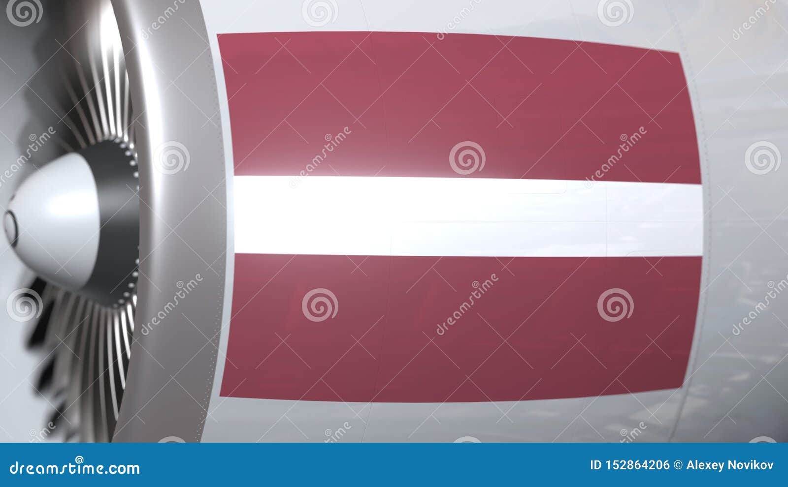 waving flag of latvia on airliner tourbine engine. aviation related 3d rendering