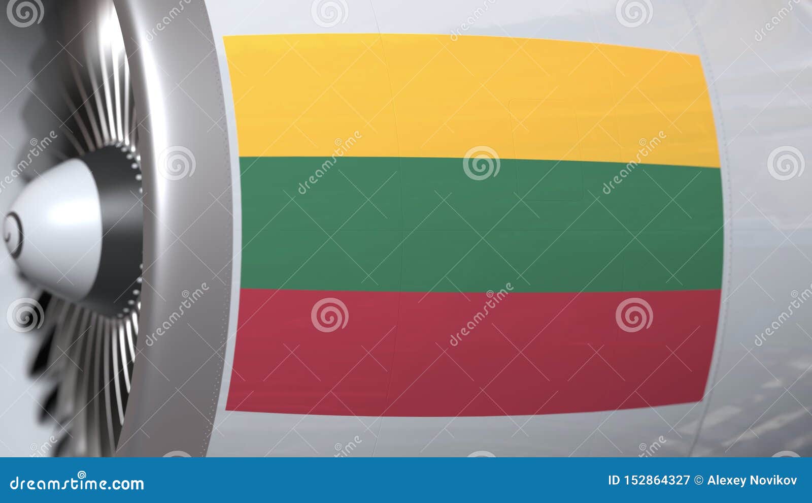 waving flag of lithuania on airliner tourbine engine. aviation related 3d rendering