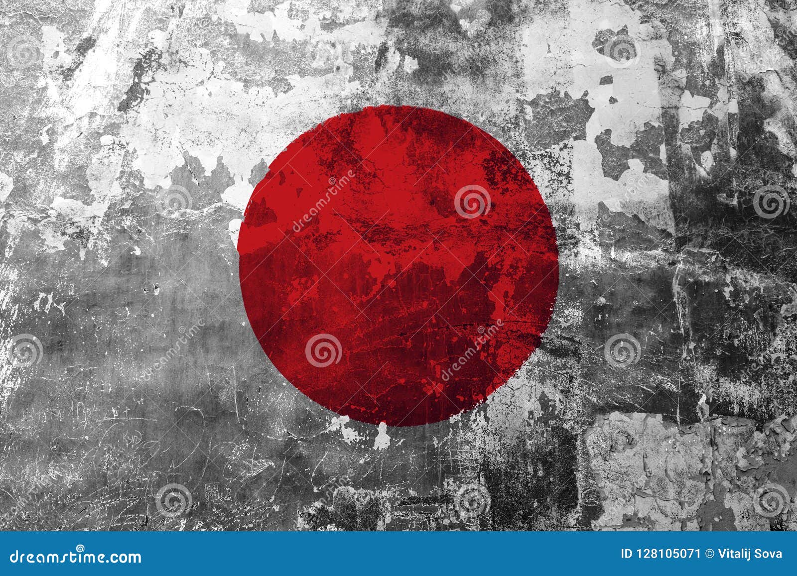 National Flag Of Japan  On The Background Of The Old Wall 