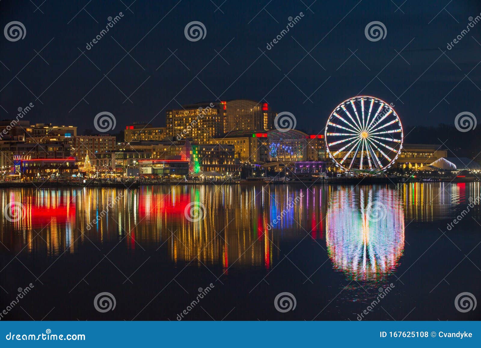 national harbor skyline and water reflections