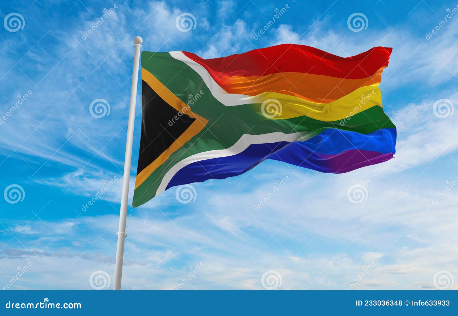 National Lgbt Flag Of South Africa Flag Waving In The Wind At Cloudy Sky Freedom And Love