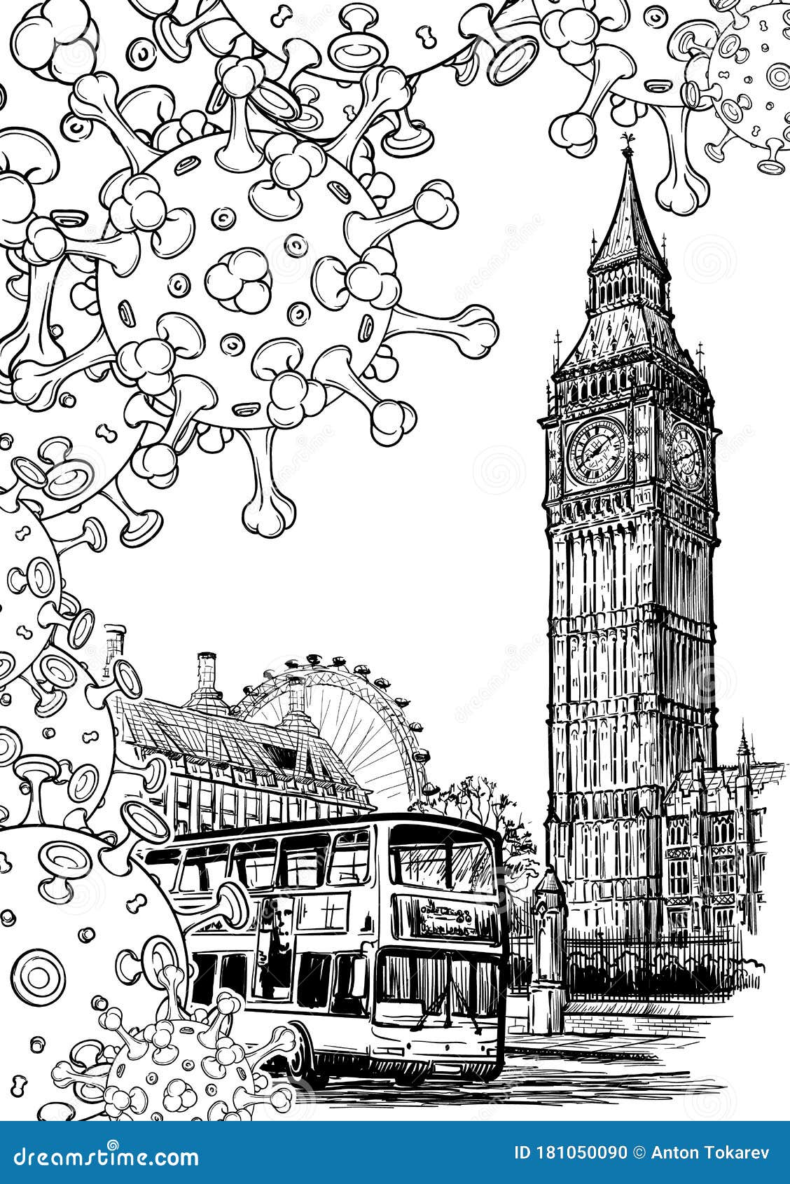 national quarantine background. london iconic view with big ben and doubledecker bus with coronavirus particles.