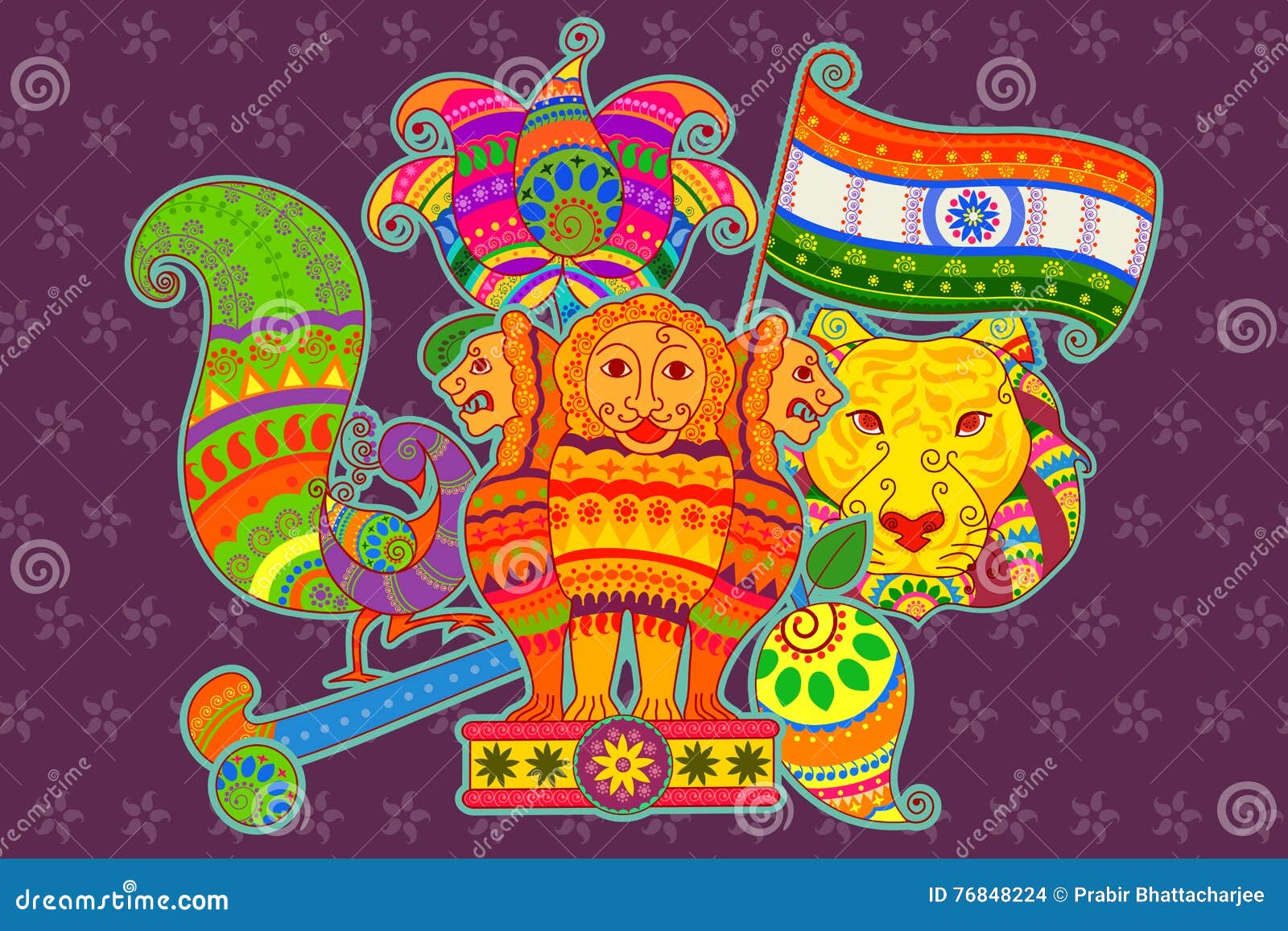 National Symbols of India in Indian Art Style Stock Vector ...