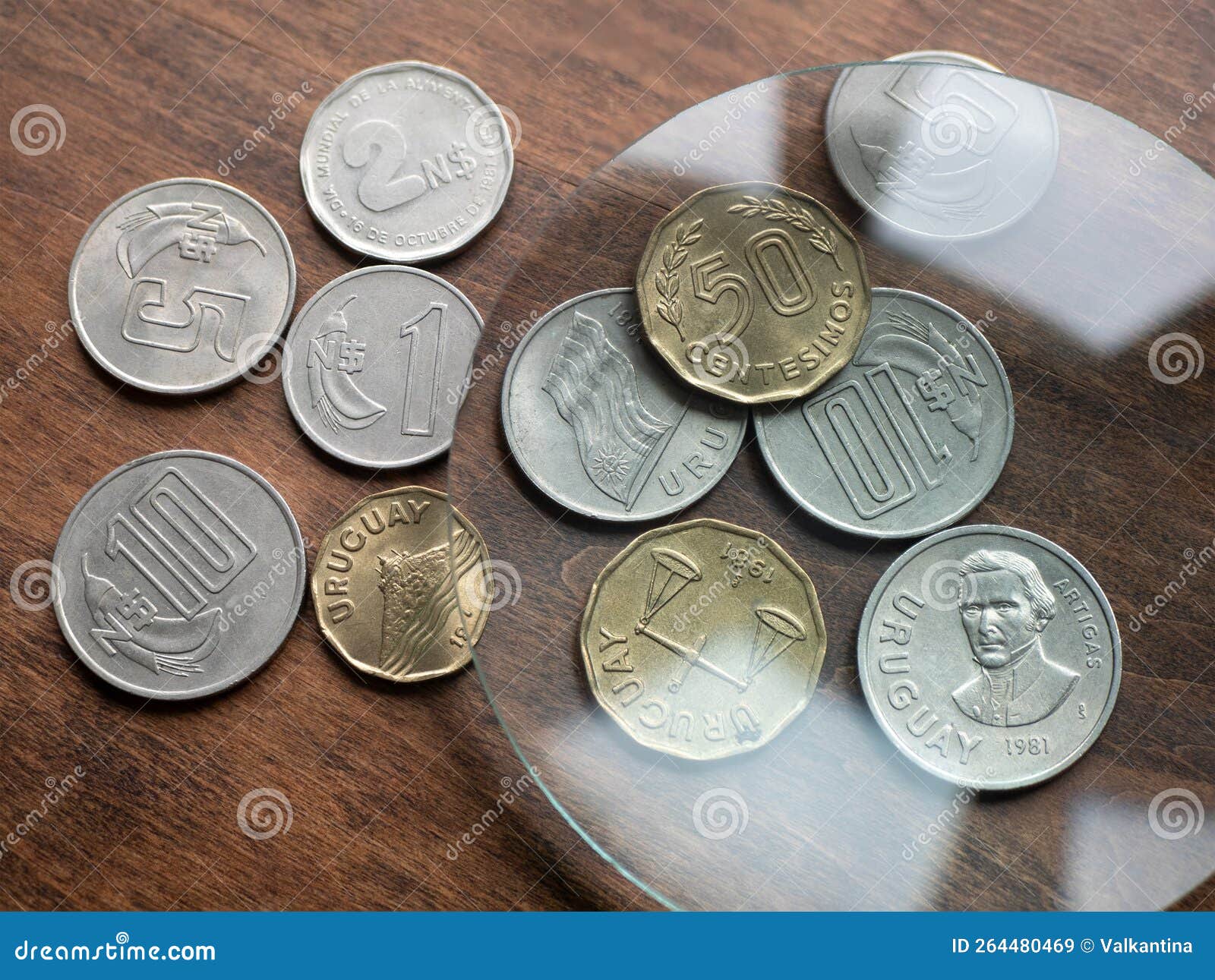 national uruguayan currency, nuevos peso and centesimos coin money of uruguay under magnifying glass