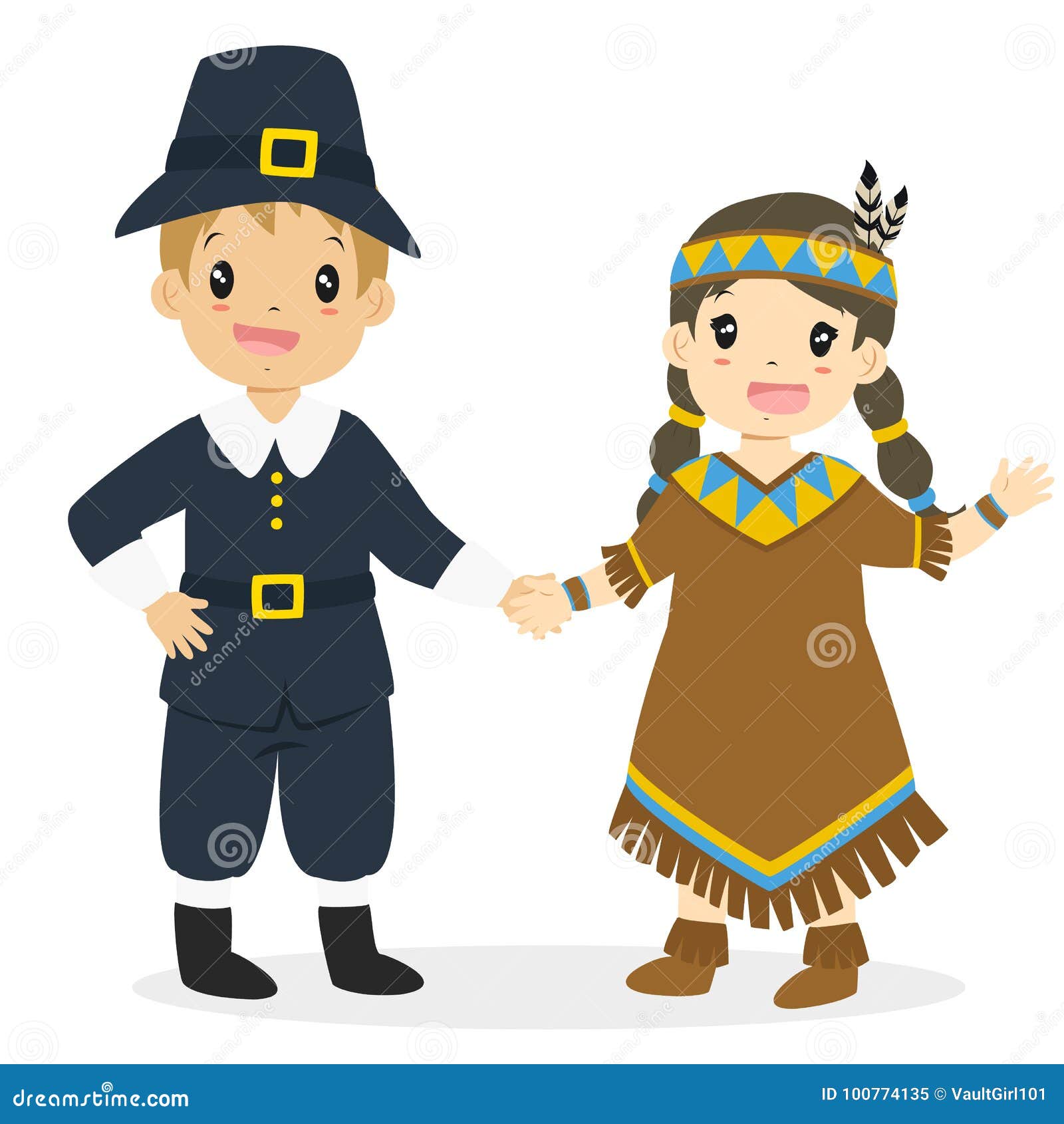 Download Native American Girl And Pilgrim Boy Cartoon Vector Stock