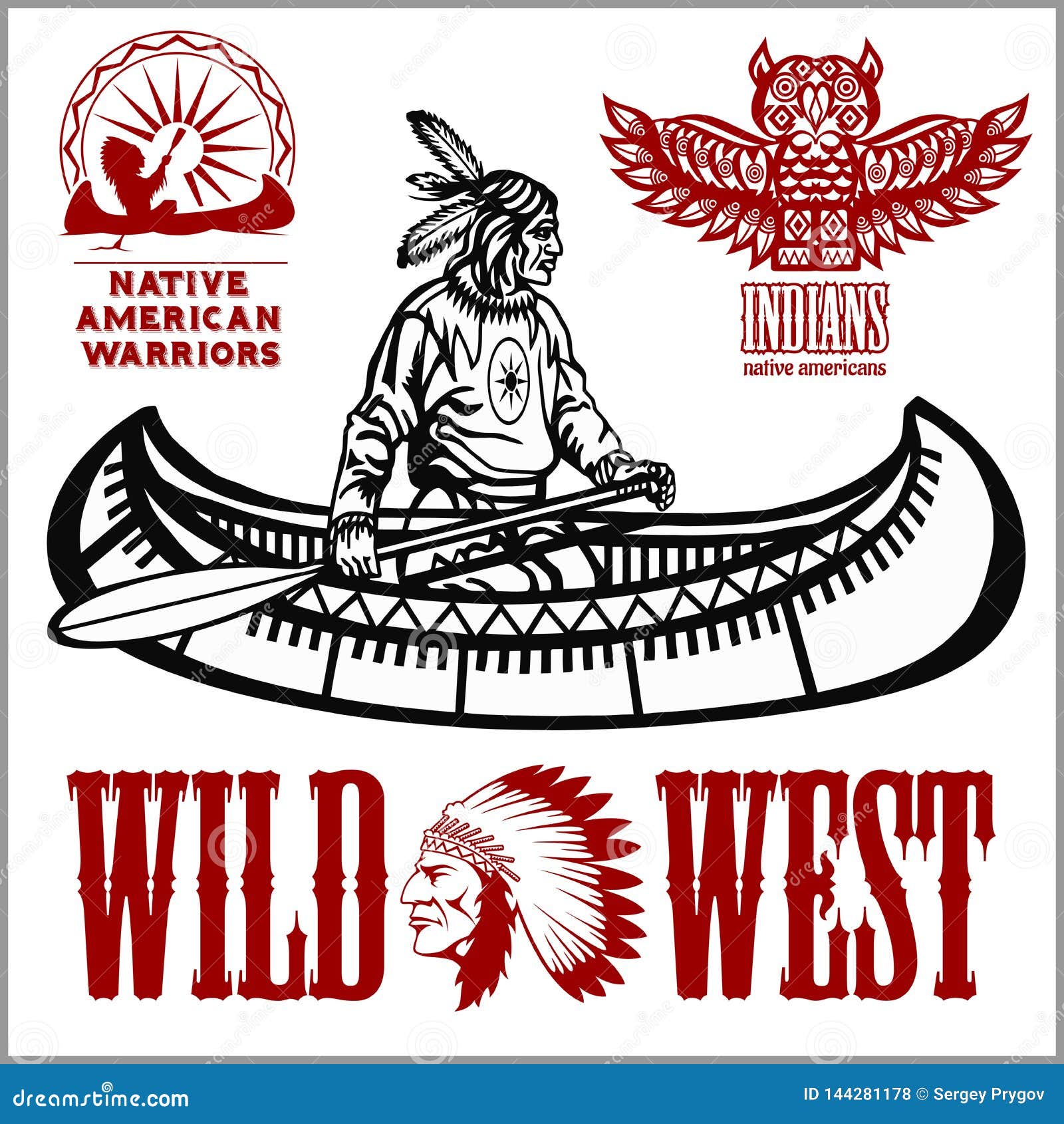 Native American Rowing Indian in Canoe Boat Stock Vector Illustration