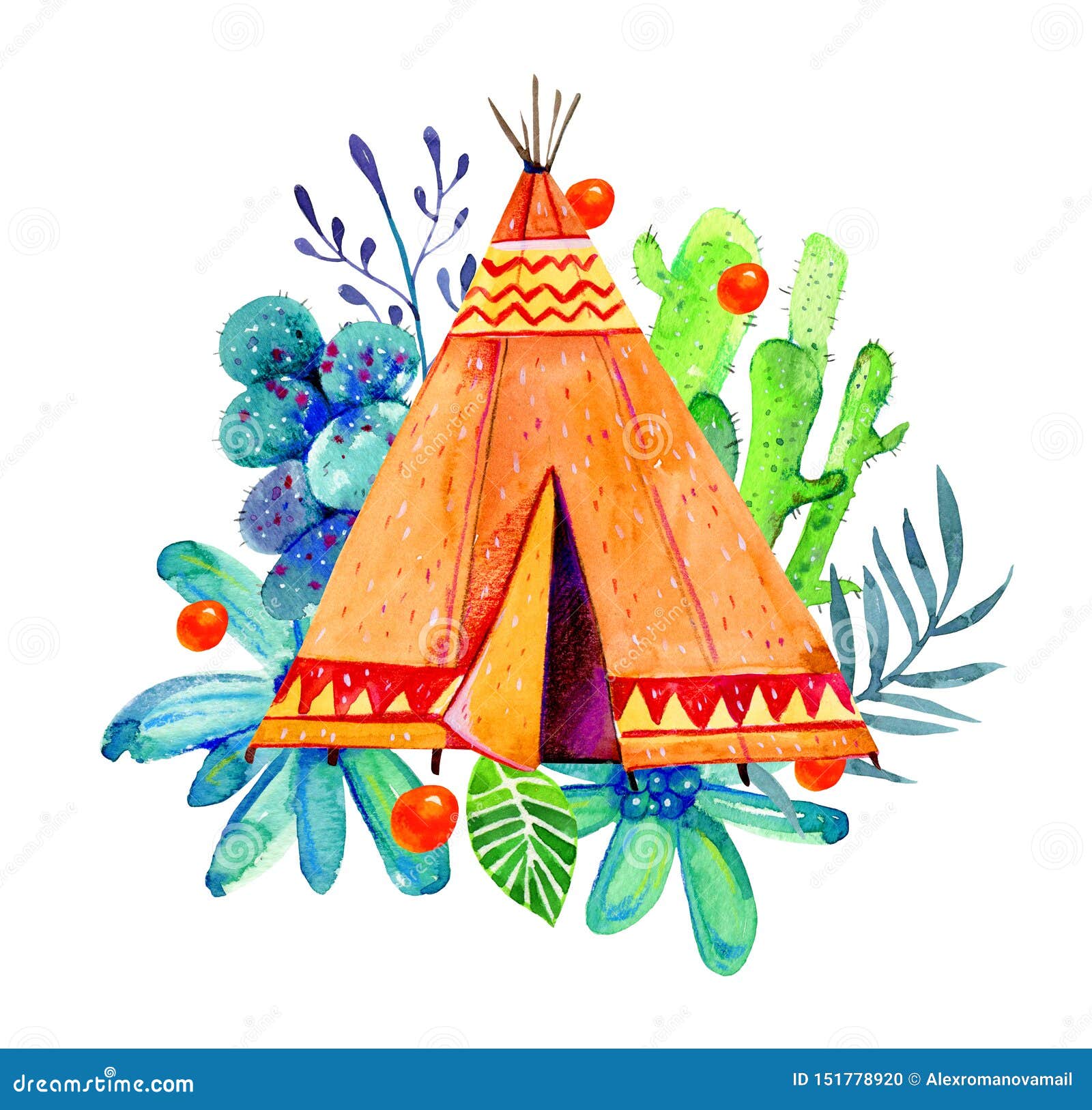 Two Native American Tipis. Stylized Hand Drawn Watercolor Illustration