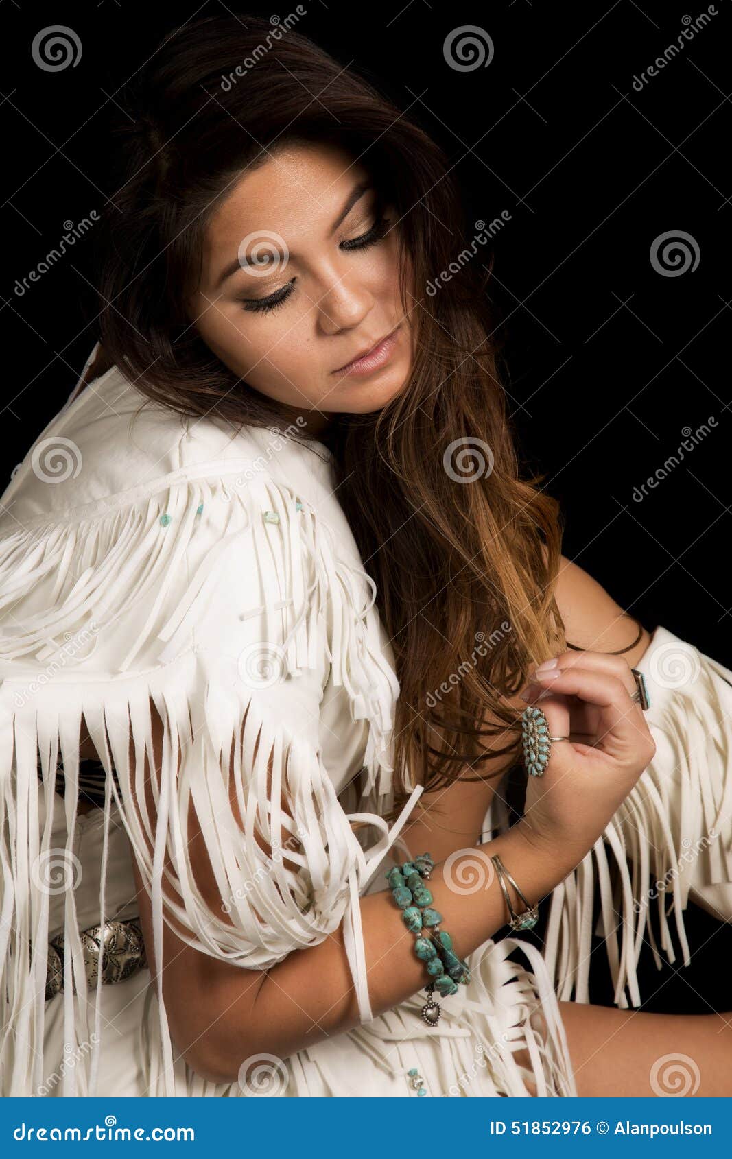 Native American Woman In White Outfit Sit On Black Close Look Do Stock