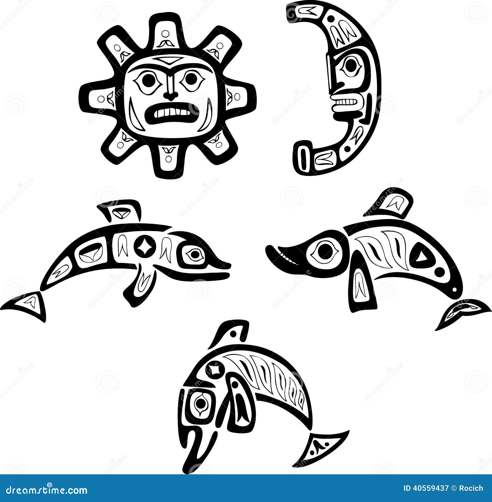 native shoshone tribal drawings. fish, sun, moon