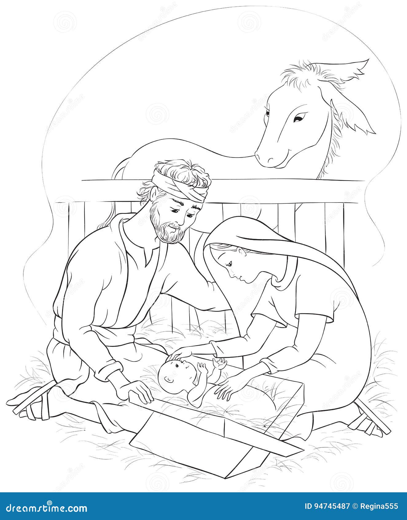 Nativity scene with Holy Family Jesus Mary and Joseph Coloring page