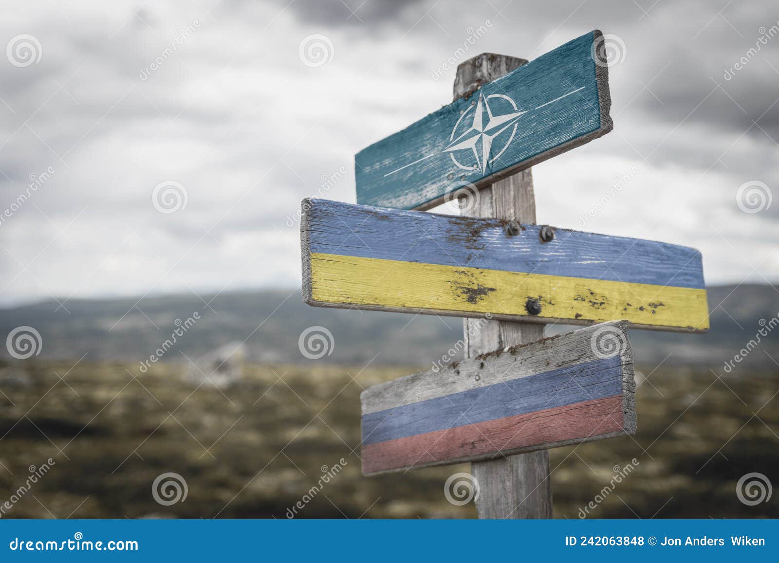 nato, ukraine and russia flag on signpost outdoors