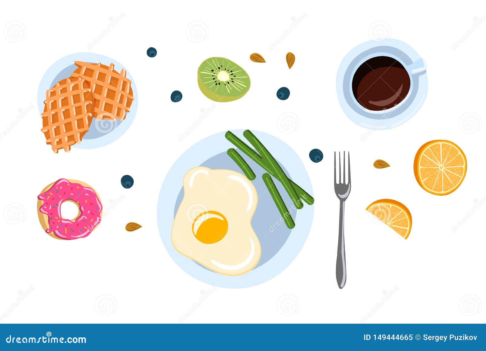 Natura morta con la prima colazione in un'illustrazione piana di vettore di vista superiore di stile di scarabocchio. Natura morta con la prima colazione in uno stile piano di scarabocchio, vista superiore Illustrazione di vettore