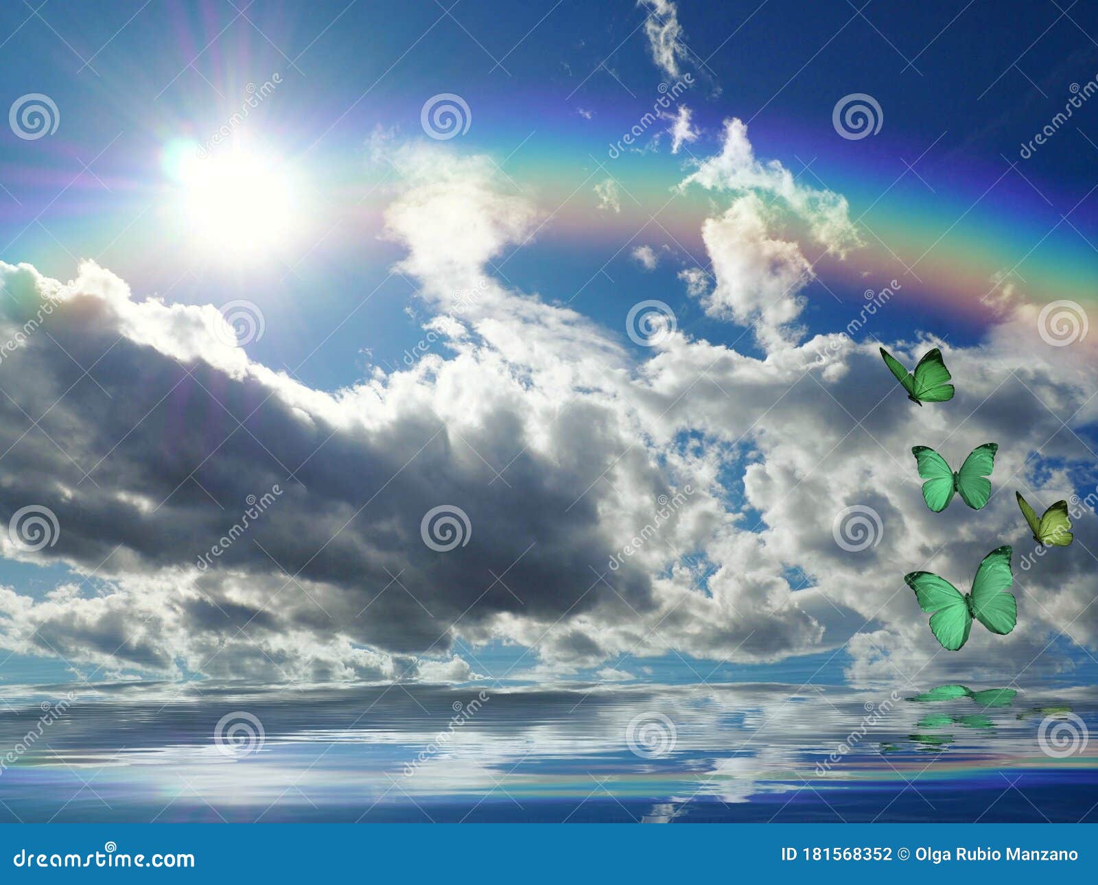 natural background with rainbow in sea reflection