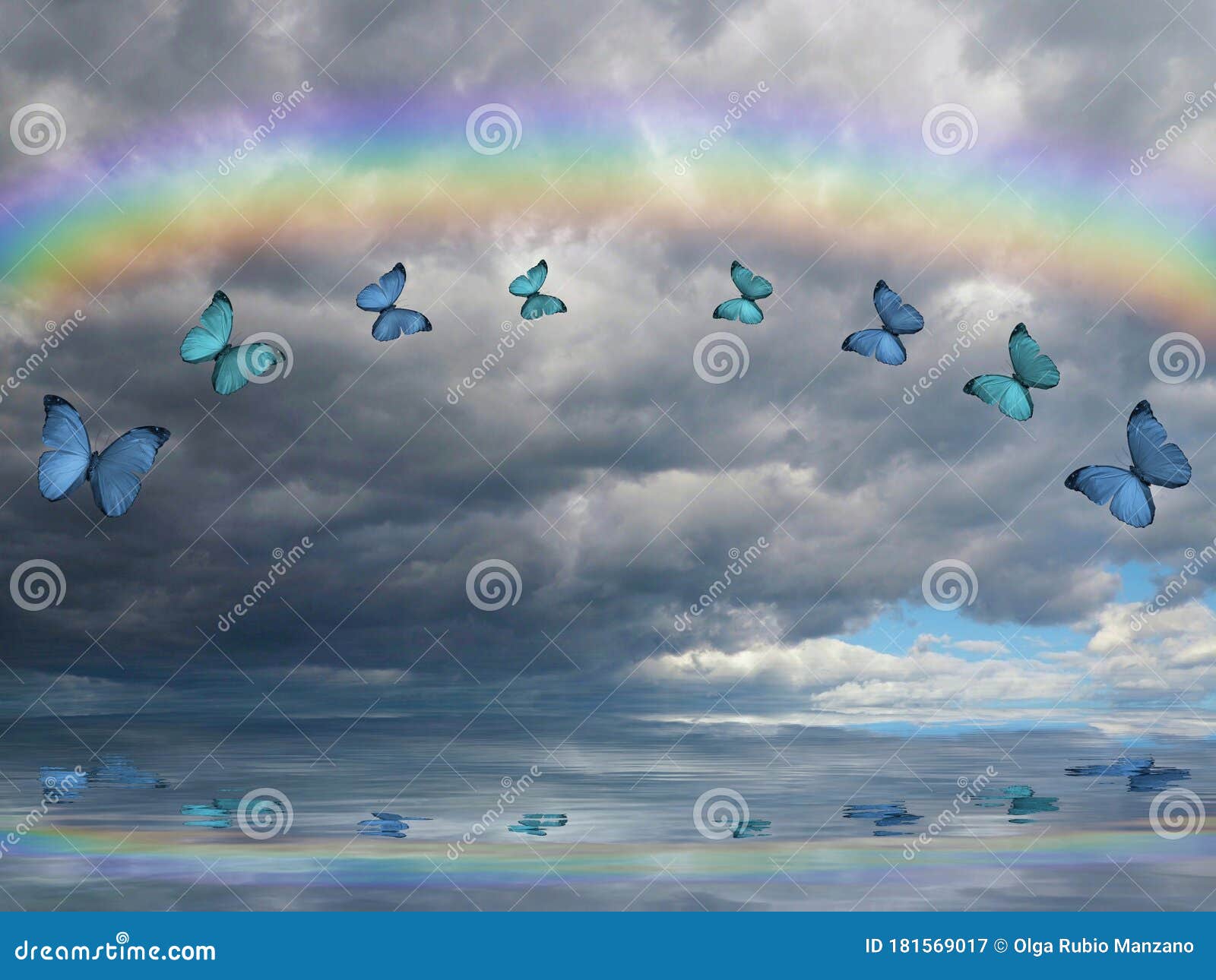 natural background with rainbow in sea reflection