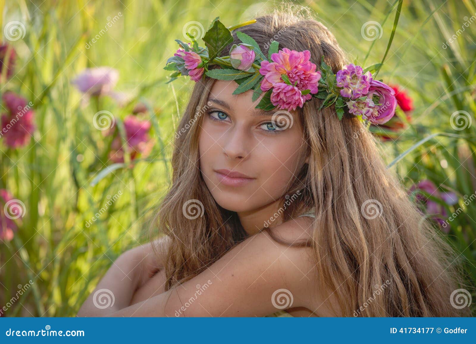 natural beauty and health, woman with flowers in hair.