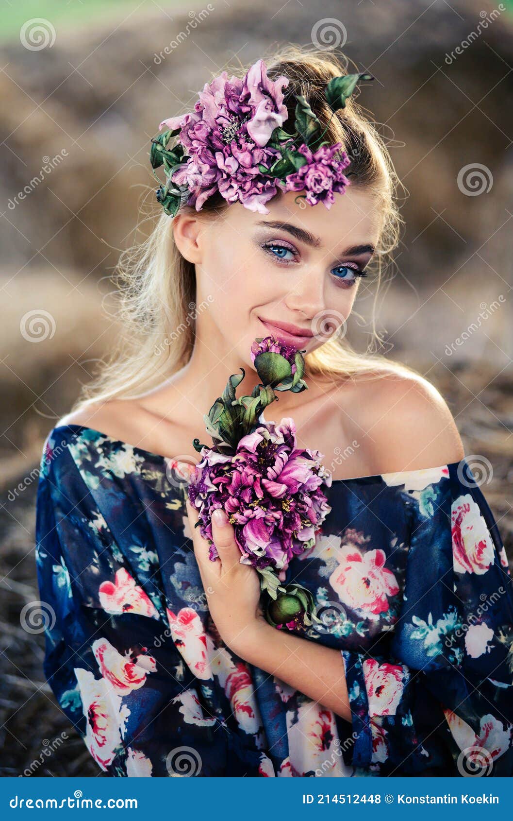 Natural Beauty Young Woman with Flowers Outdoors. Summer Portrait of ...