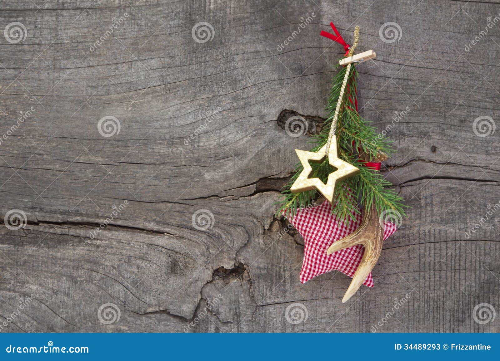 natural christmas decoration with antler and checked star