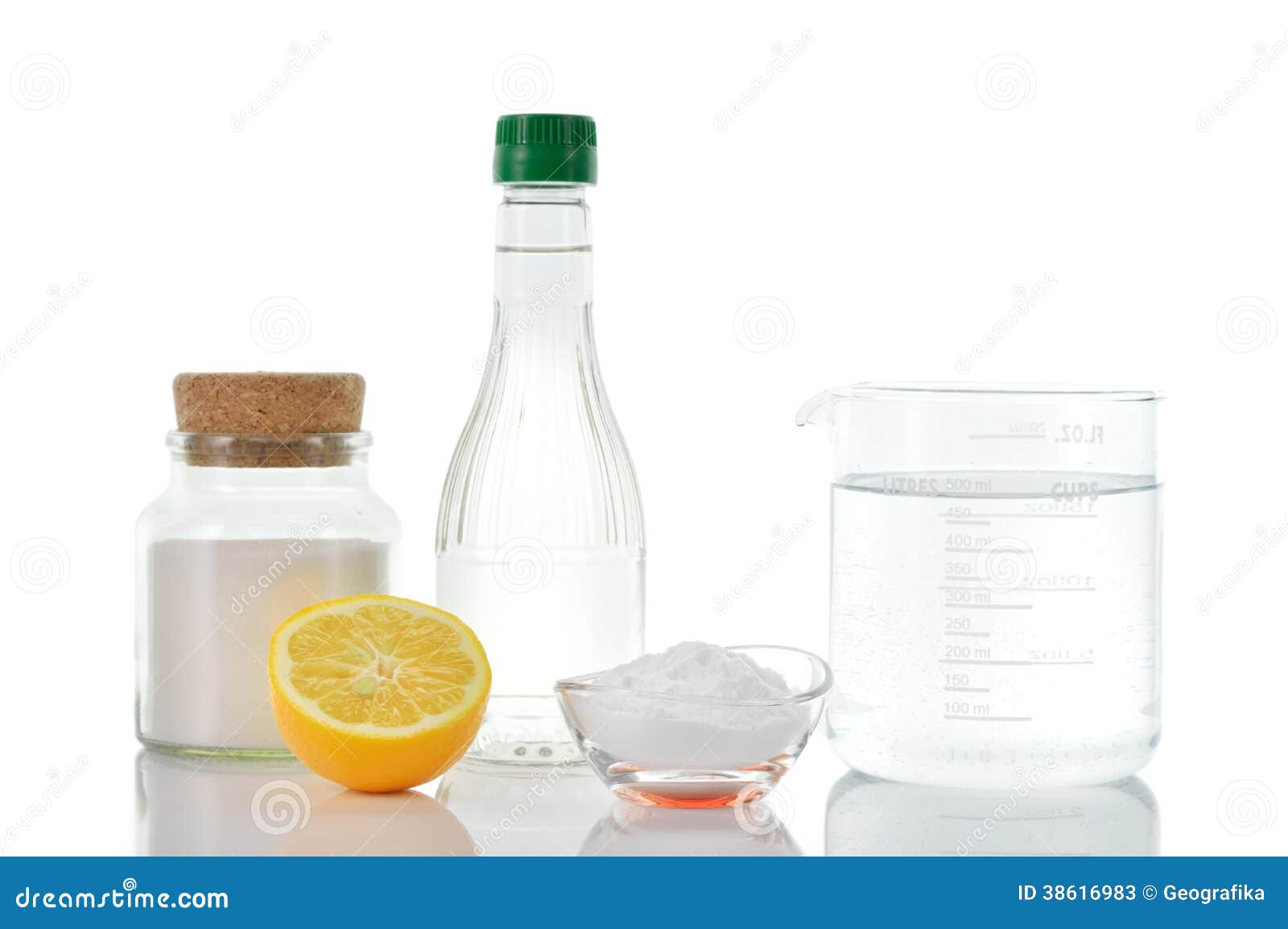 natural cleaners vinegar baking soda salt lemon eco friendly water measuring cup white background homemade green 38616983