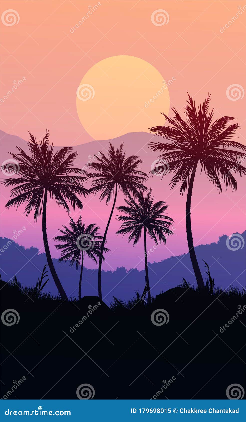 Natural Coconut Trees. Mountains Horizon Hills. Silhouettes of Palm ...