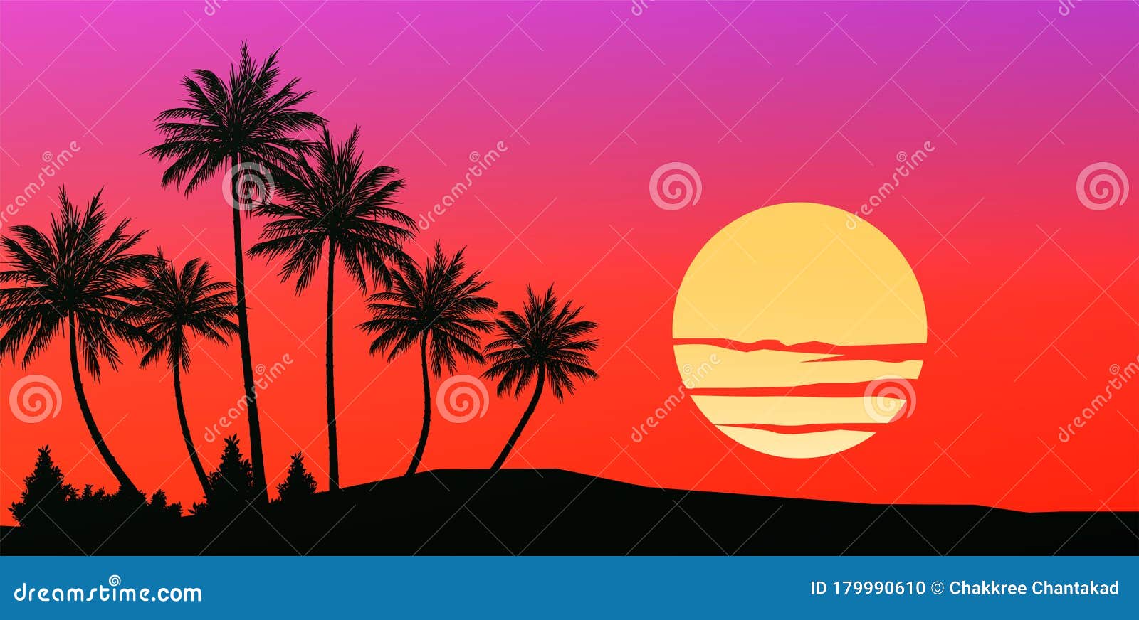 Natural Coconut Trees. Mountains Horizon Hills. Silhouettes of Palm ...