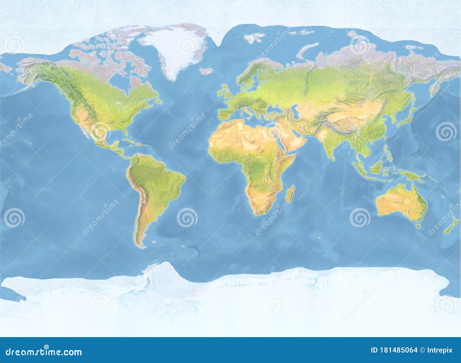 natural colored topographic world map with hand drawn shaded relief