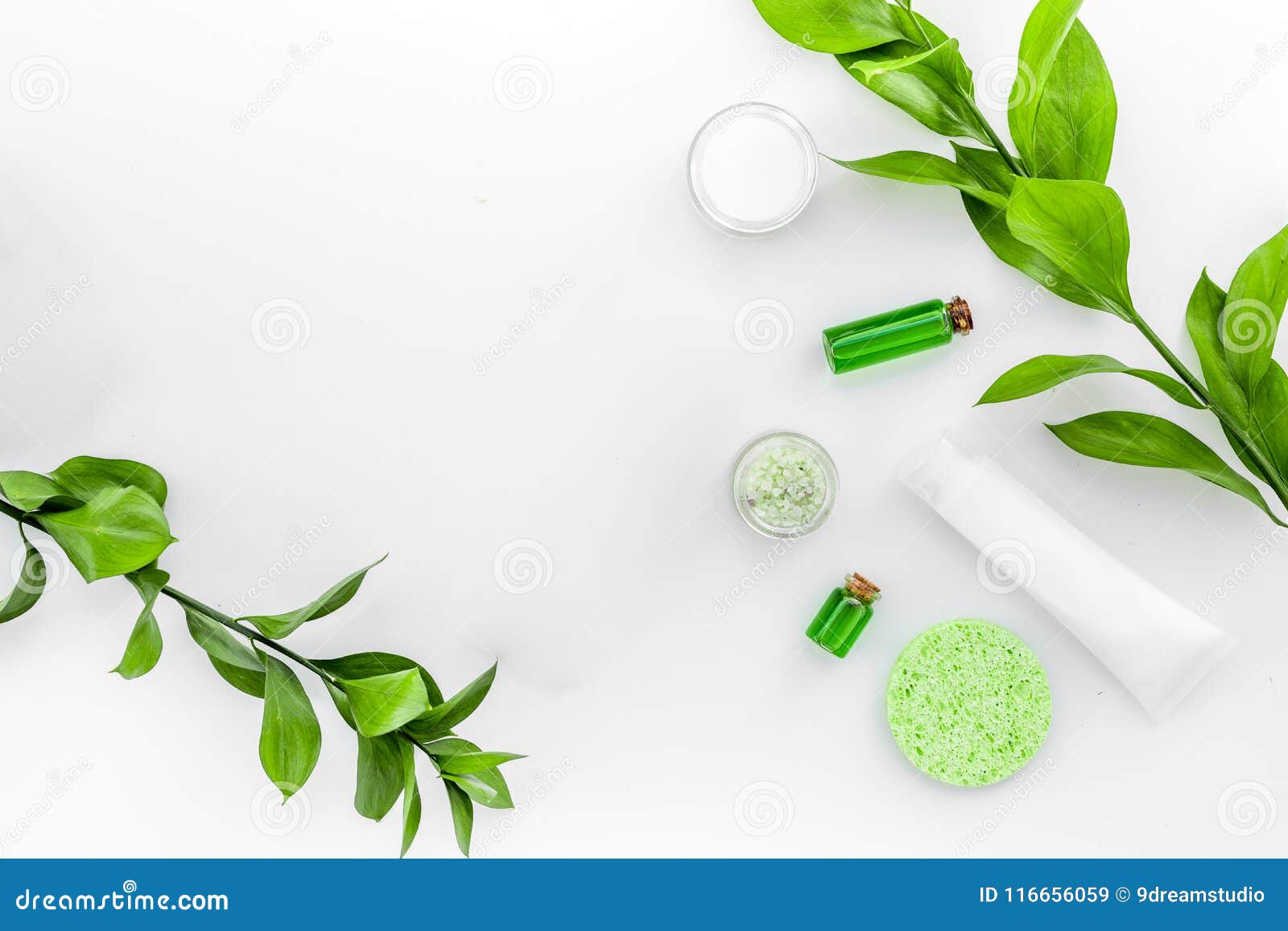 Natural Cosmetics for Skin Care Near Green Leaves on White Background Top  View Copy Space Stock Image - Image of facial, clean: 116656059