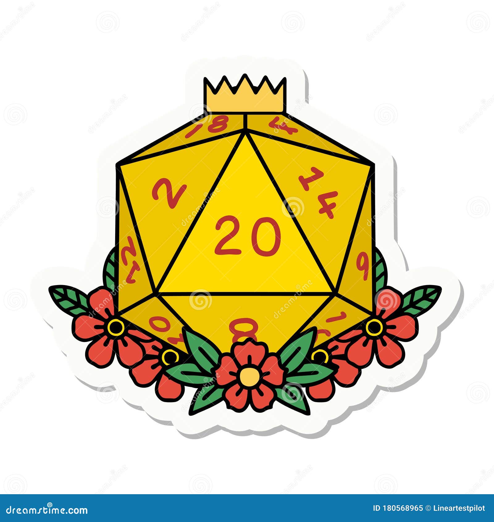Natural 20 D20 Dice Roll with Floral Elements Sticker Stock Vector