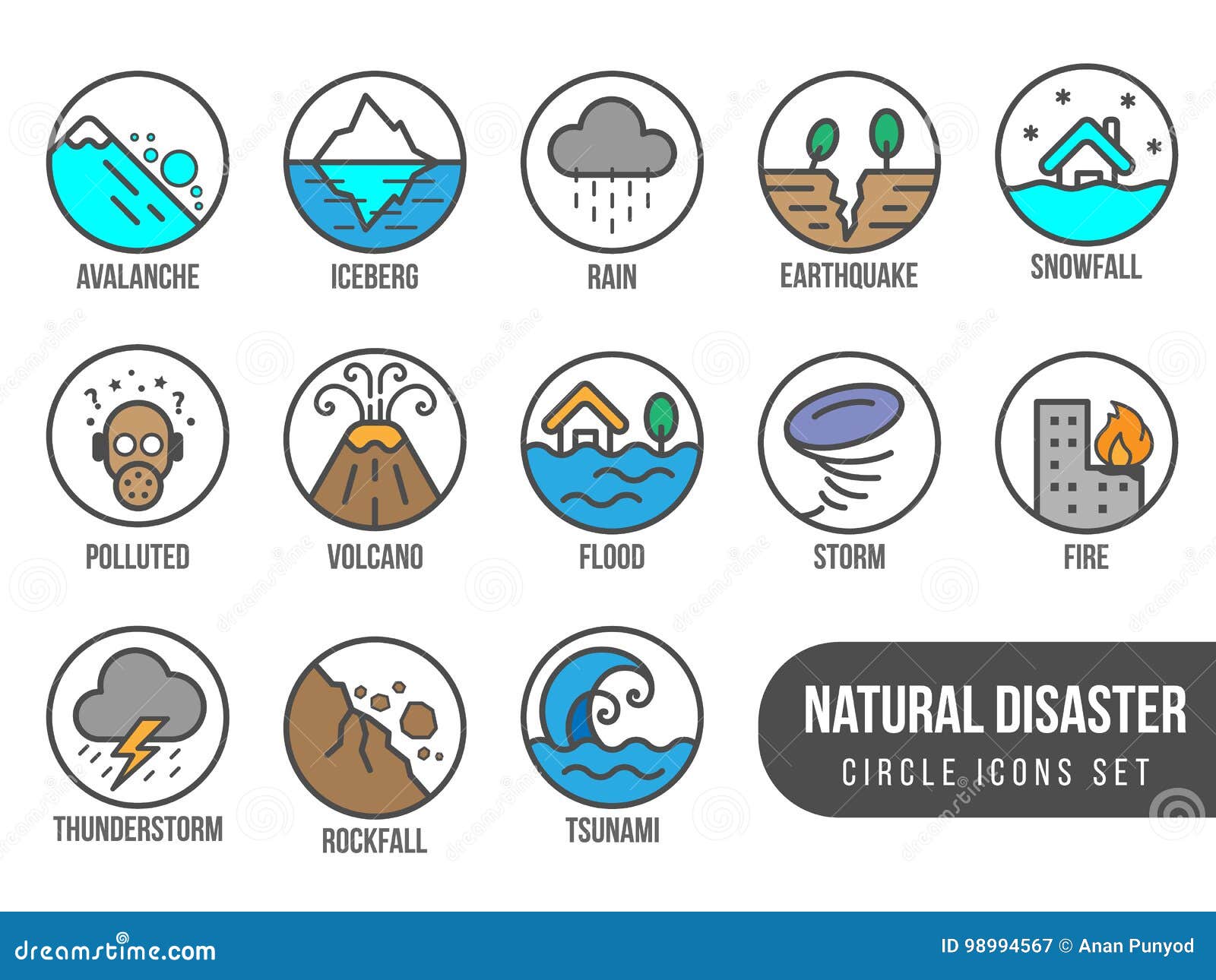 natural disaster basic circle icon set with tide volcano erupting earthquake flood   