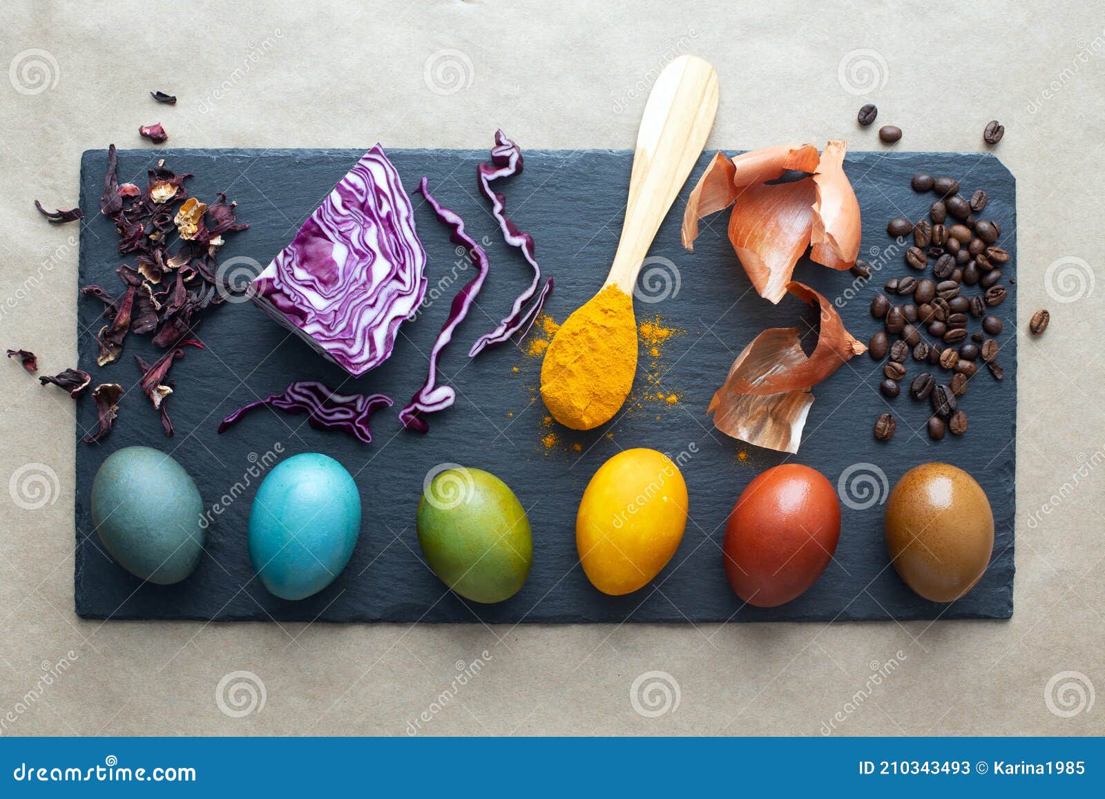natural dye for easter eggs - carcade, red cabbage, turmeric, onion skin and coffee