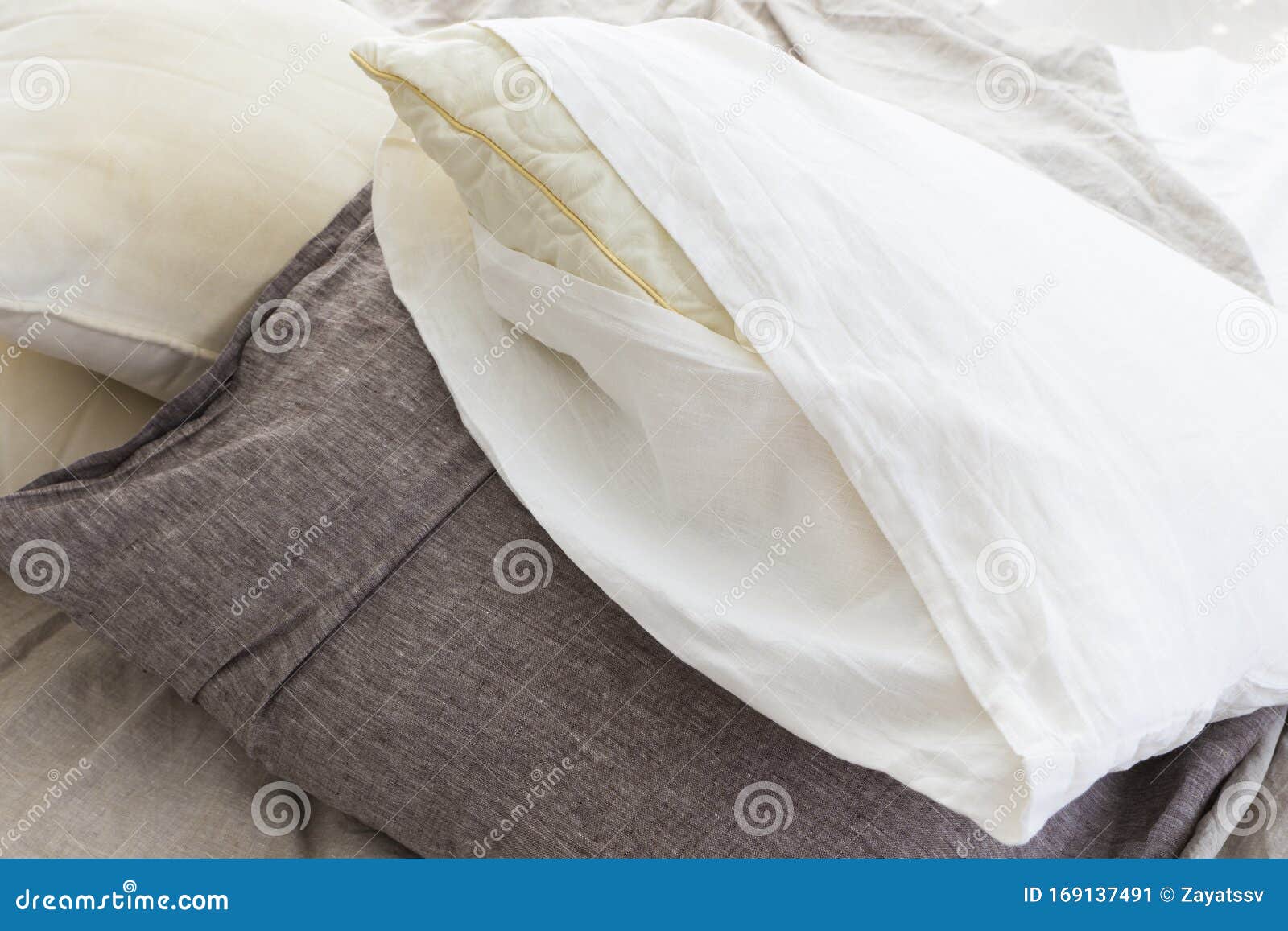 Natural Ecofriendly Linen Bed in the Interior Stock Image Image of