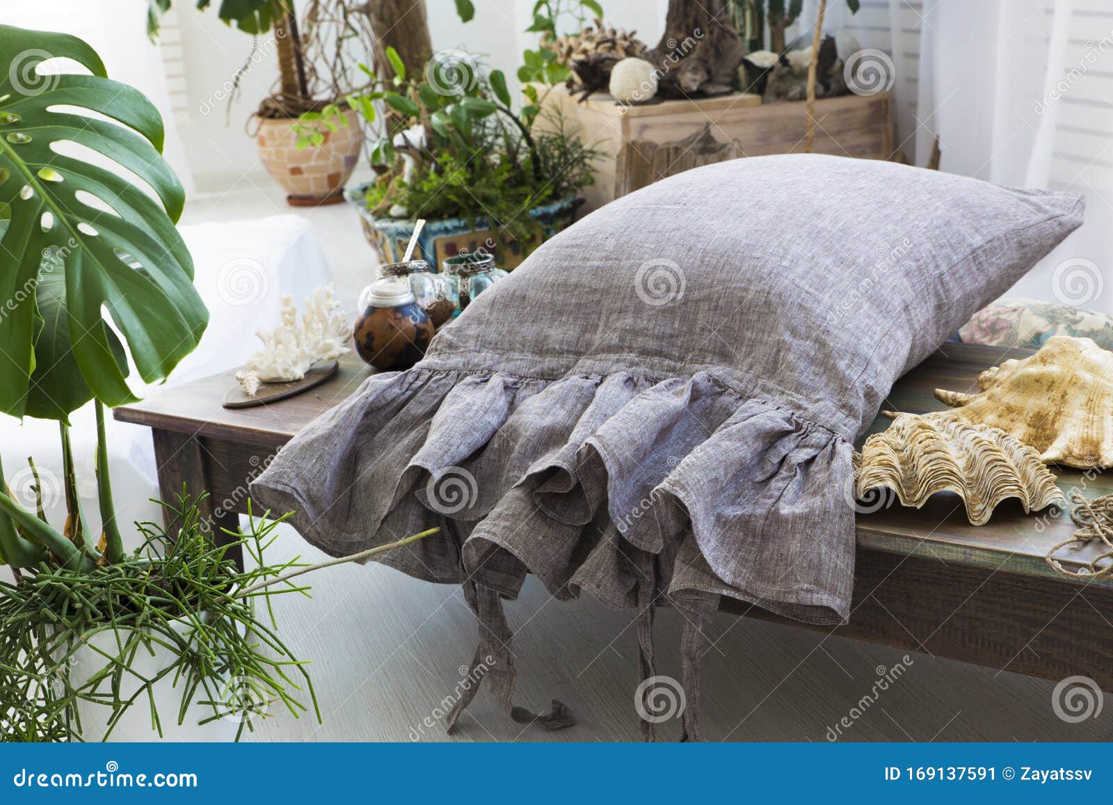 Natural Ecofriendly Linen Bed in the Interior Stock Image Image of