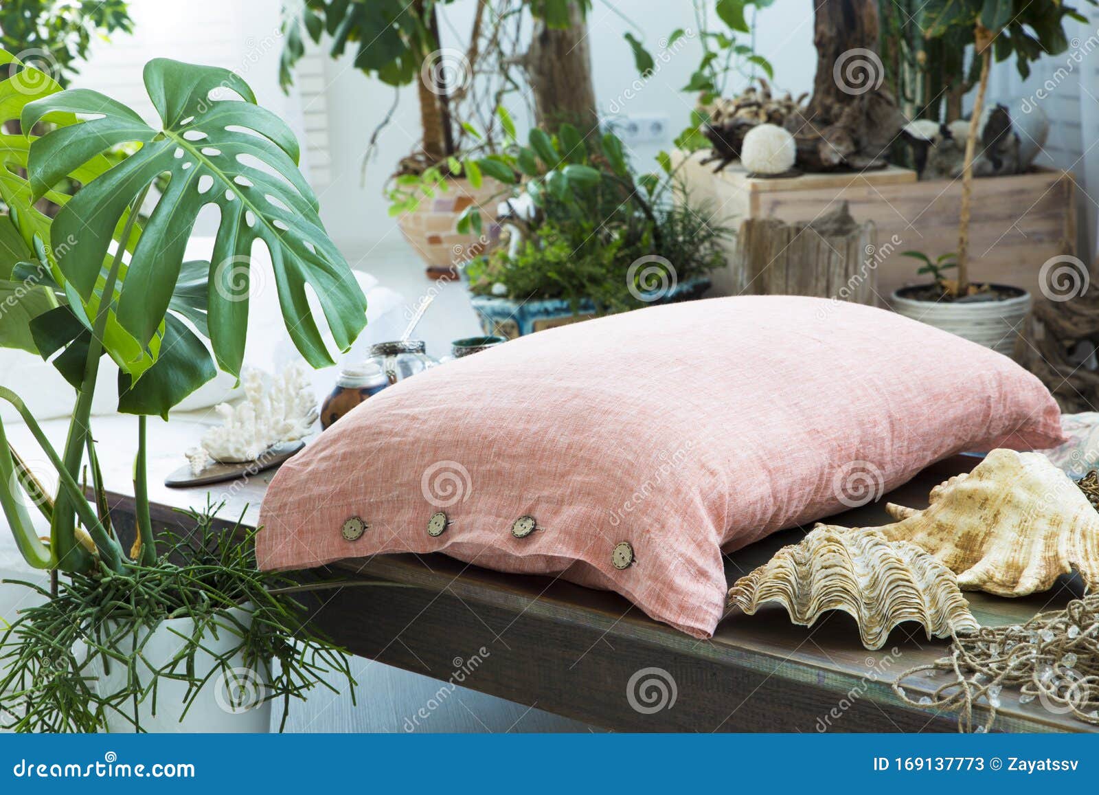 Natural Ecofriendly Linen Bed in the Interior Stock Image Image of