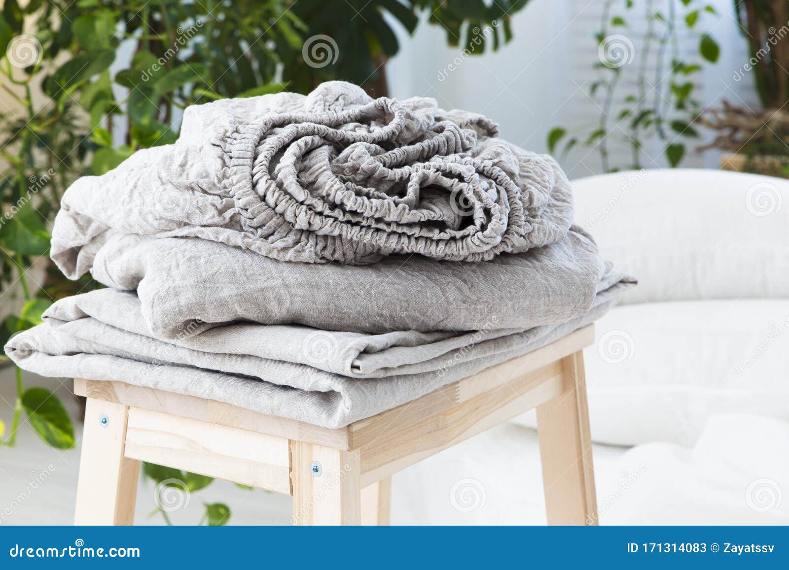 Natural Ecofriendly Linen Bed in the Interior Stock Image Image of