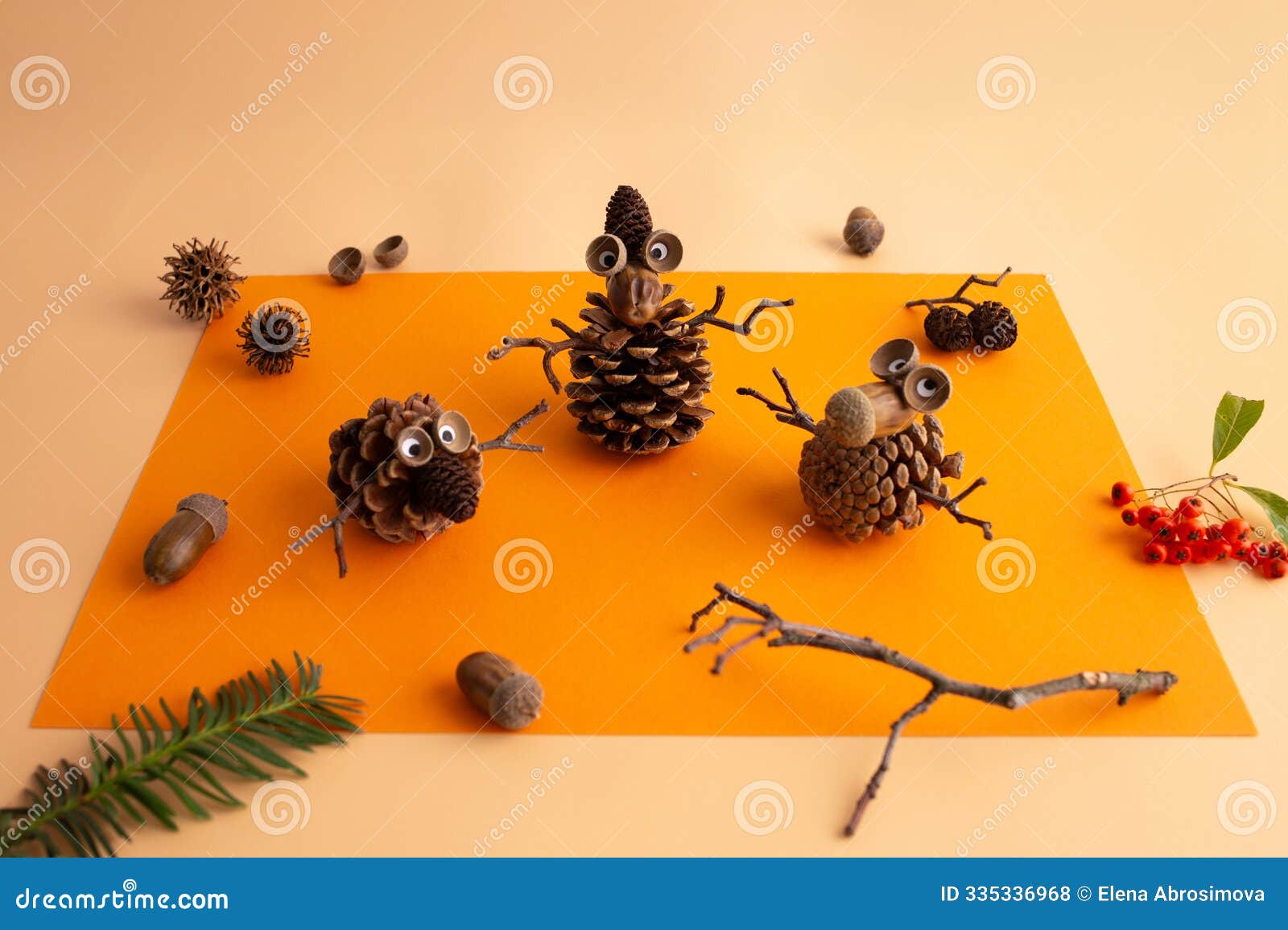 natural s like pine cones with eyes, twigs, acorns, dry berries arranged on an orange background to form