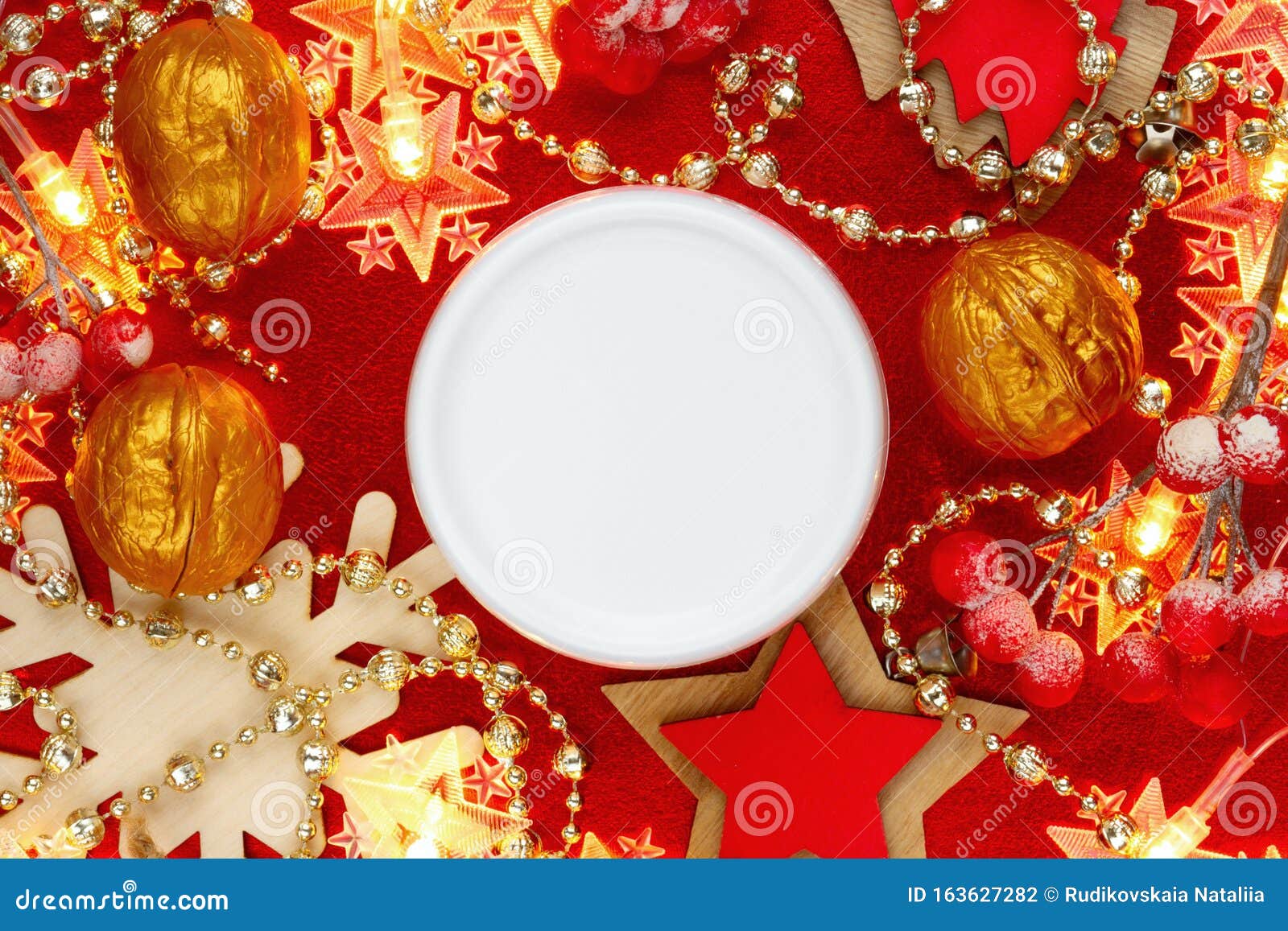 natural face cream jar on festive christmas background top view. womans new year present idea