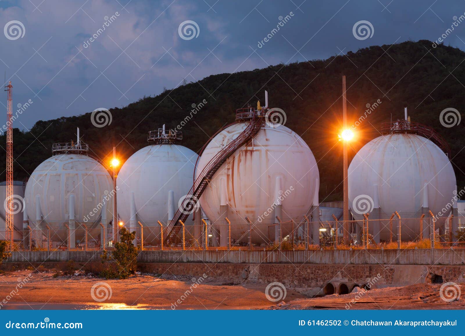 natural gas storage tank in sphere  at twilight time