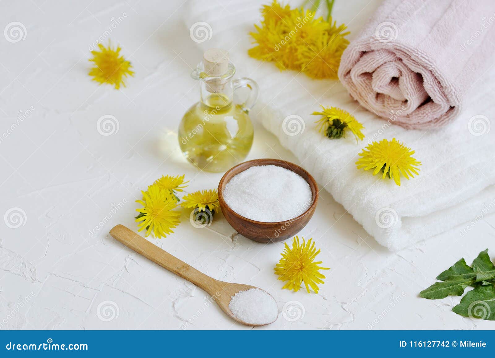 Natural Ingredients for Homemade Body Salt Scrub with Dandelion Flowers,  Lemon, Honey and Olive Oil Stock Photo - Image of butter, hair: 116127742