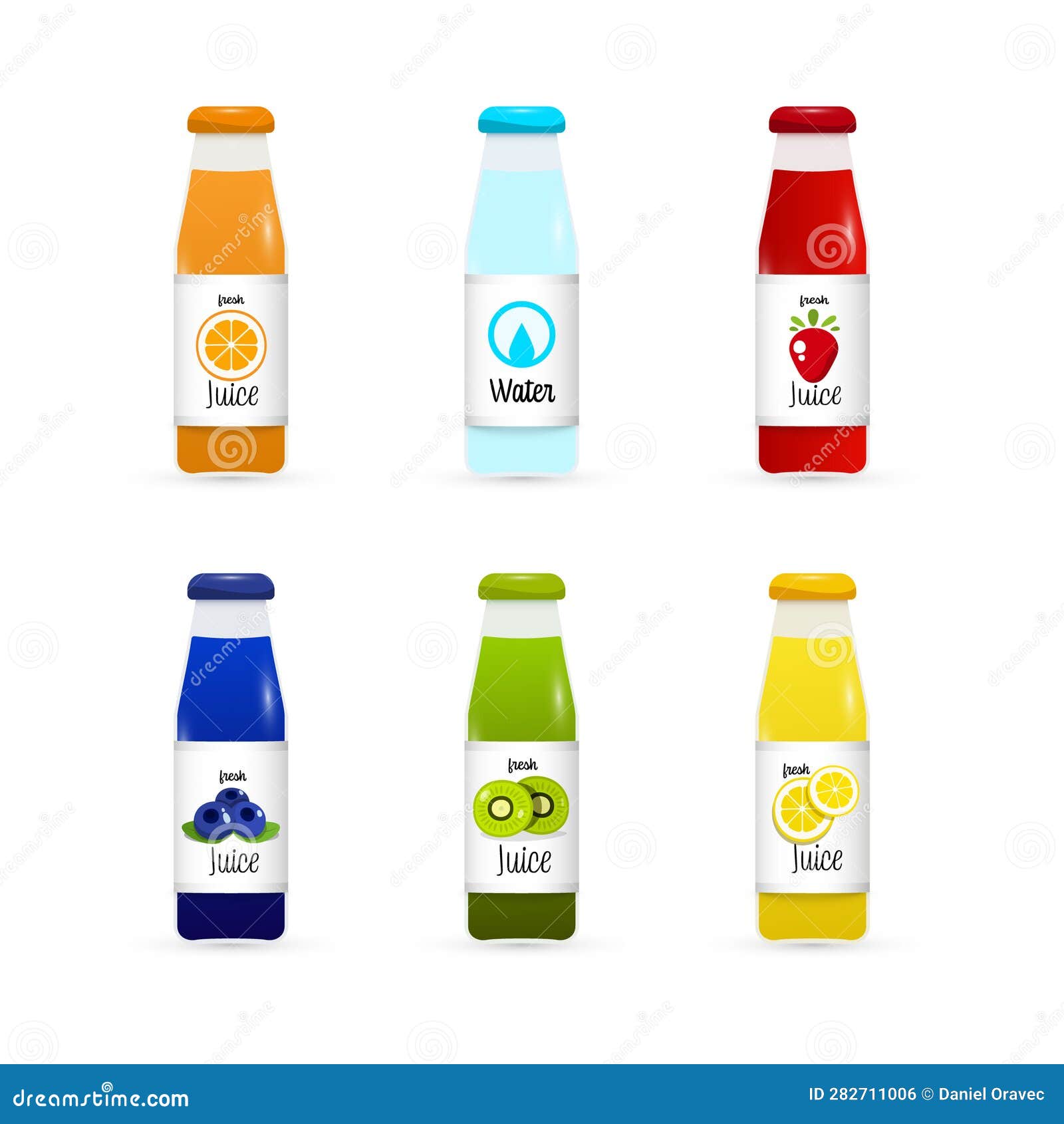 Natural Juice and Water Drinks in Glass Bottles Isolated Stock Vector